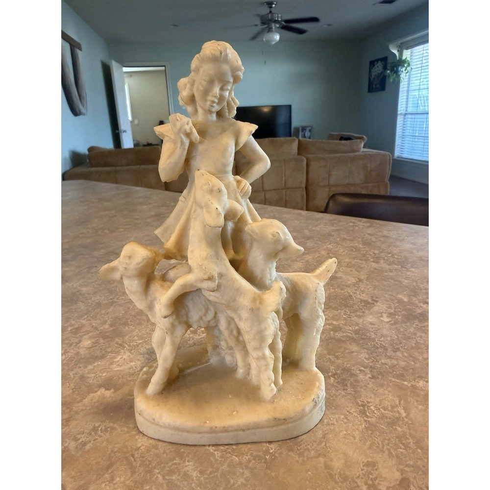 Girl with Lambs Figurine Cream Resin Shepherdess Farmhouse Decor Made In Mexico
